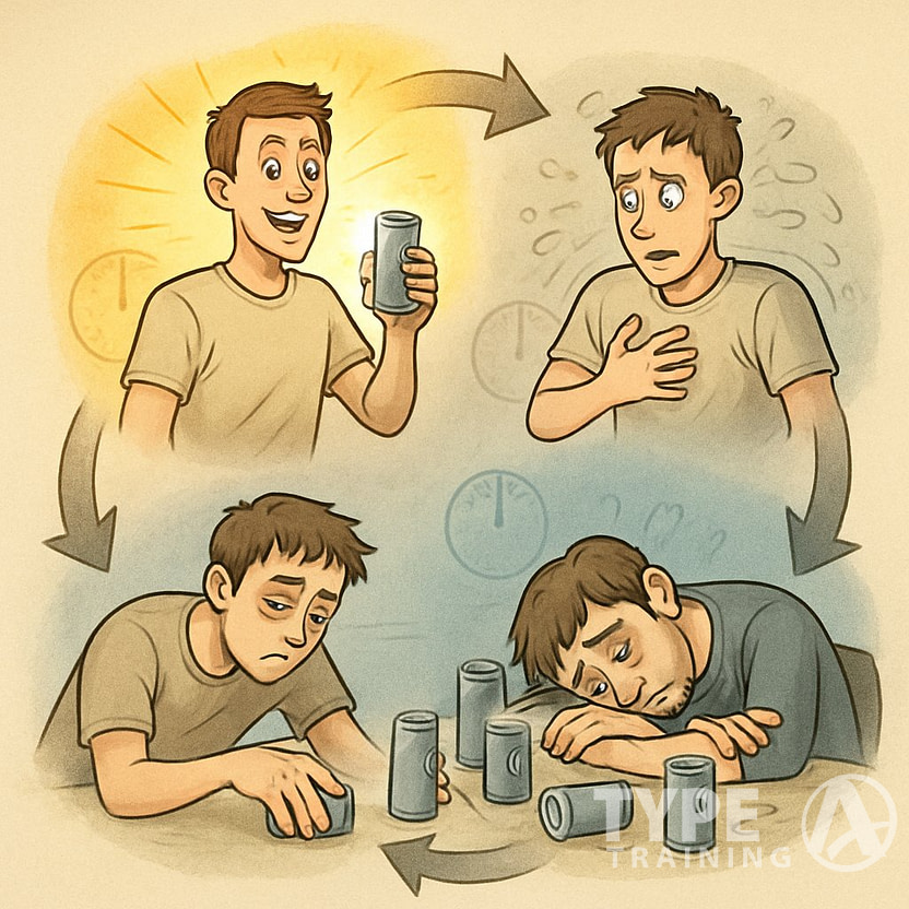 A person shown in a cycle from energetic after drinking an energy drink, to jittery, then exhausted and slumped over, reaching for another drink, illustrating the repetitive cycle of energy drink dependency and fatigue.