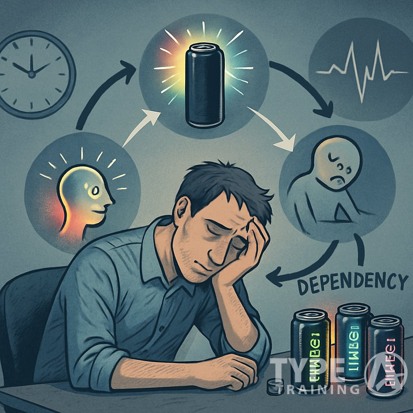 A tired person sitting at a desk surrounded by empty energy drink cans, with a circular diagram above showing the cycle of energy boost followed by fatigue and dependency.