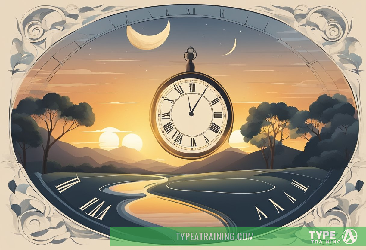 A sun setting over a tranquil landscape, with a clock showing the passage of time, and a moon rising to signify the shift in circadian rhythms