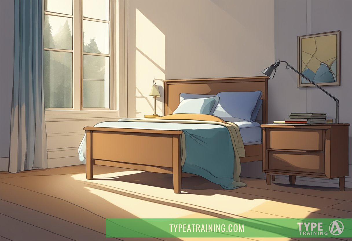 A clock on a bedside table with a beam of light shining through a window, casting a shadow that moves across the room as the day progresses