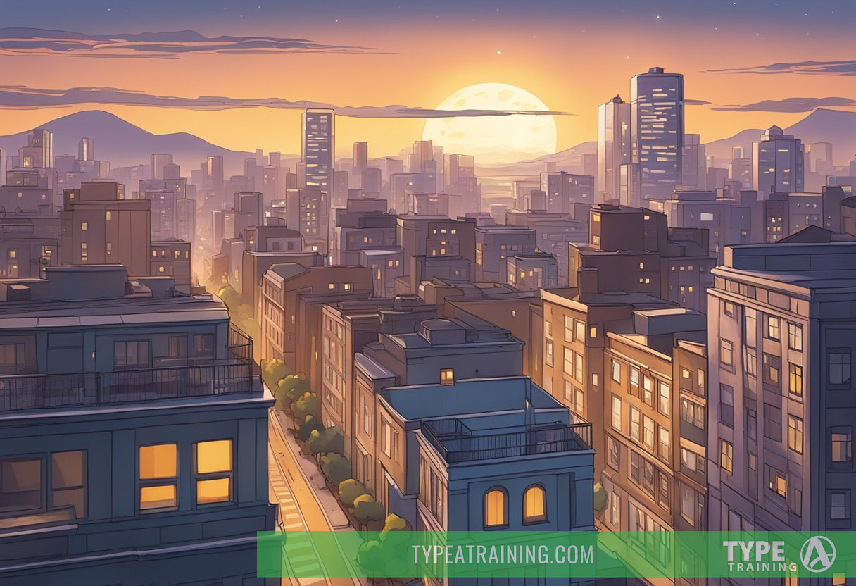 A sun rising over a city skyline, casting warm light on sleeping buildings and streets, while the moon sets in the distance