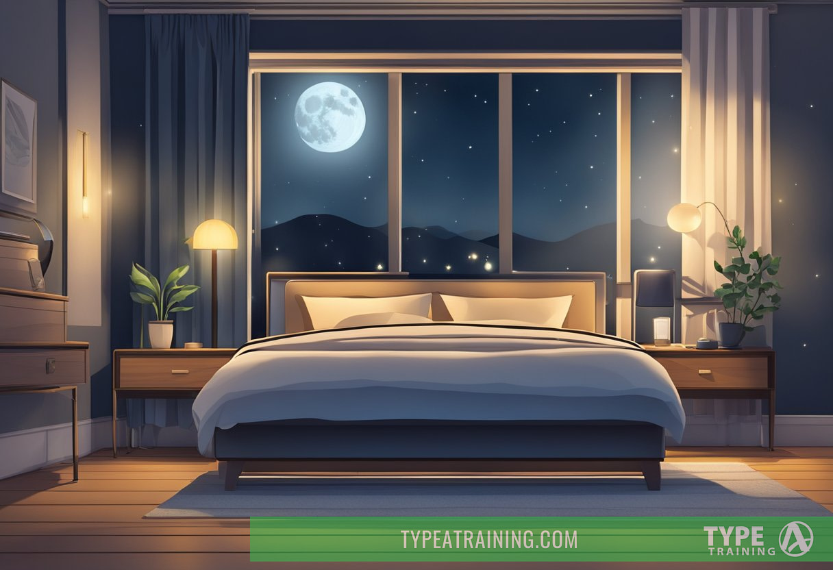 A serene bedroom at night, with a dimly lit lamp casting a soft glow. A clock on the bedside table shows the time, while outside the window, the moon shines in the dark sky