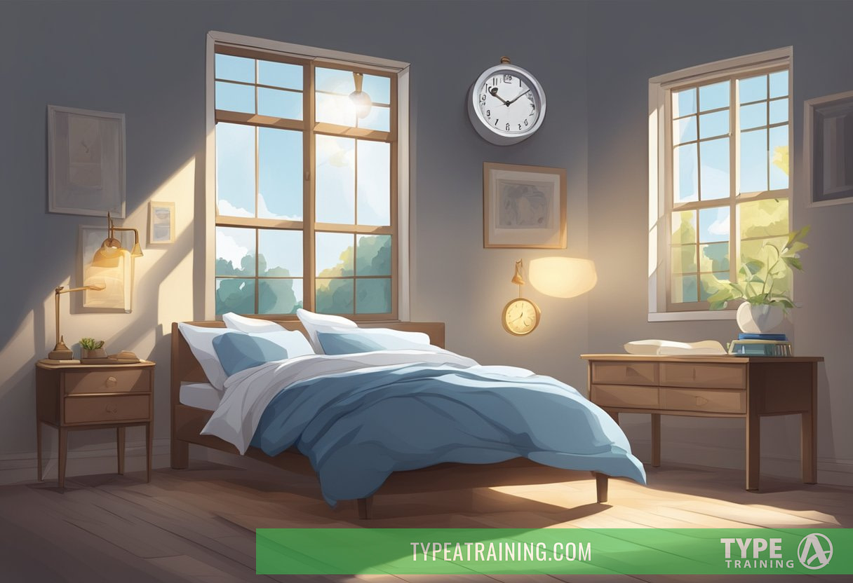 A clock with hands pointing to different times, a bed with rumpled sheets, and a window with both sunlight and moonlight streaming in