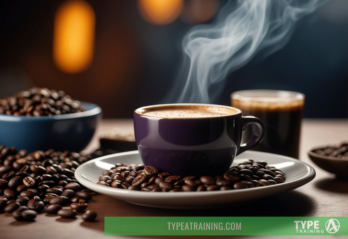 A steaming cup of coffee sits on a table next to a can of energy drink and a pile of coffee beans