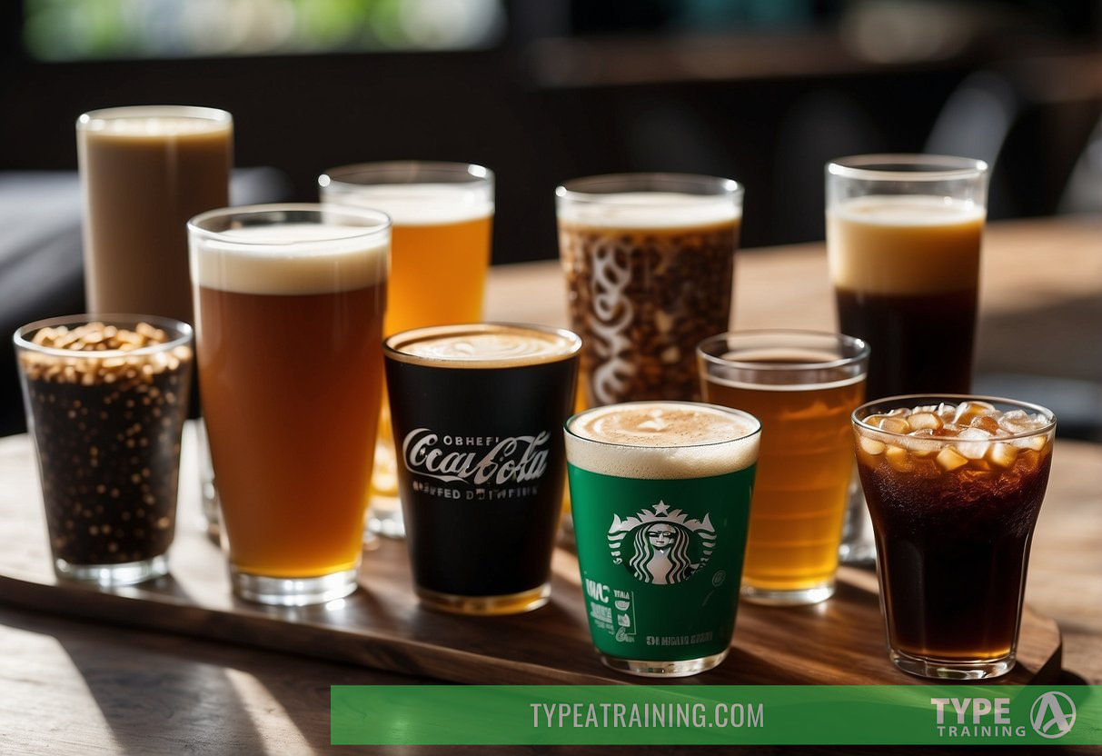 Various caffeine drinks sit on a table: coffee, tea, energy drinks, and soda. Each is in a different type of cup or can