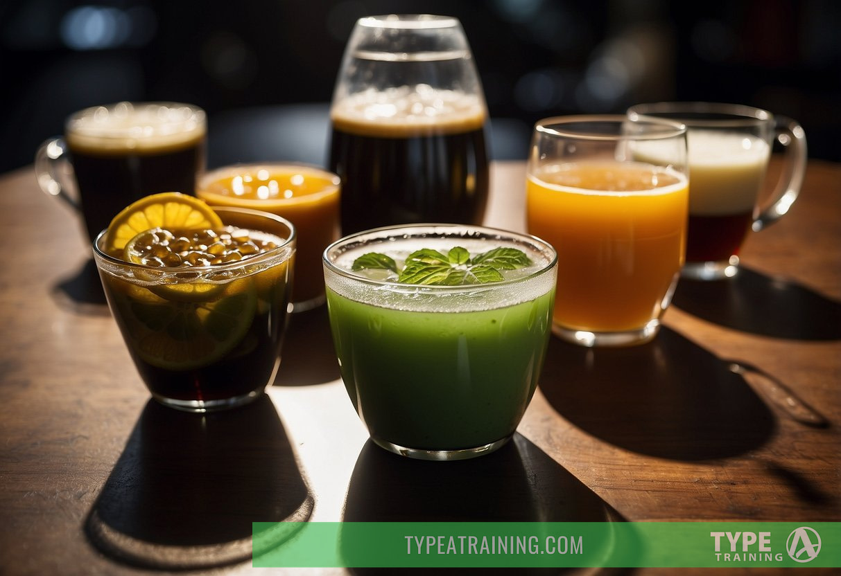 A table with various drinks: coffee, tea, soda, and energy drinks. Each drink labeled with its caffeine content in milligrams