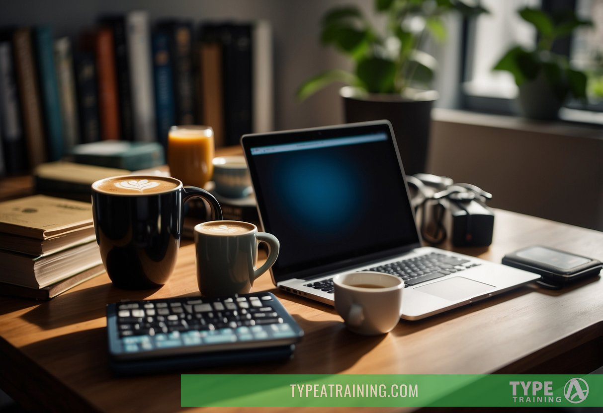 A table with a mug of coffee, tea, and a can of energy drink, surrounded by books and a laptop