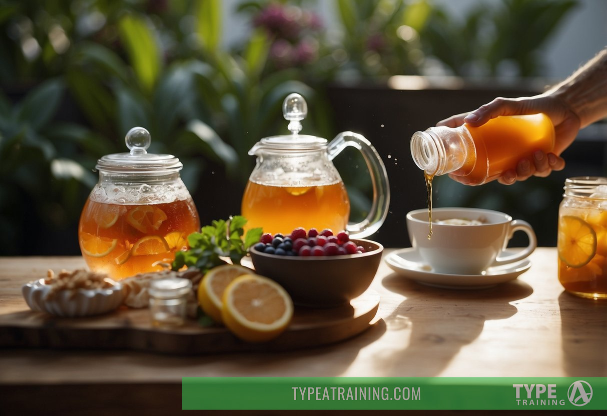 A table with a variety of non-caffeinated drinks: herbal tea, fruit-infused water, and decaf coffee. A person reaching for a bottle of kombucha
