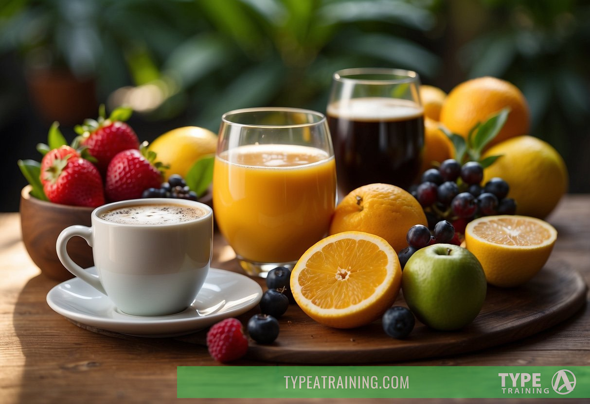 A table with various caffeinated drinks surrounded by vibrant fruits and energizing plants
