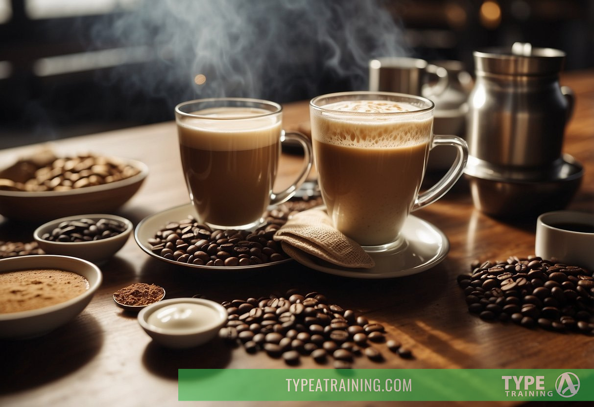 A table with various caffeine drinks: coffee, tea, energy drinks, and soda cans. A steaming mug and a frothy latte sit next to a pile of coffee beans