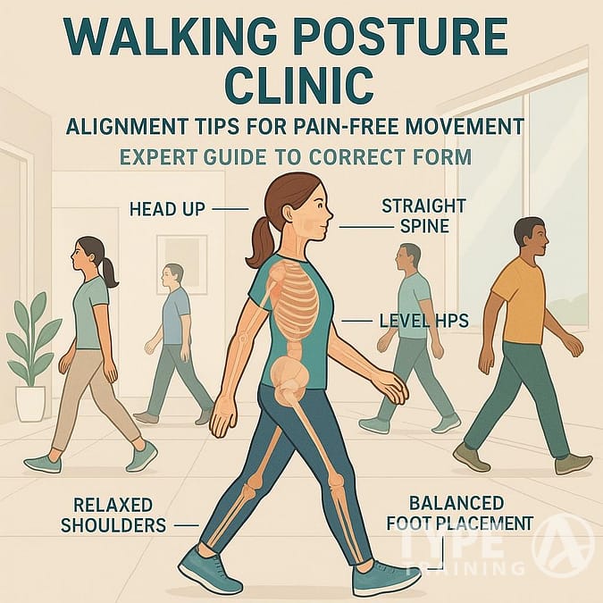 a woman walking with a diagram of the body
