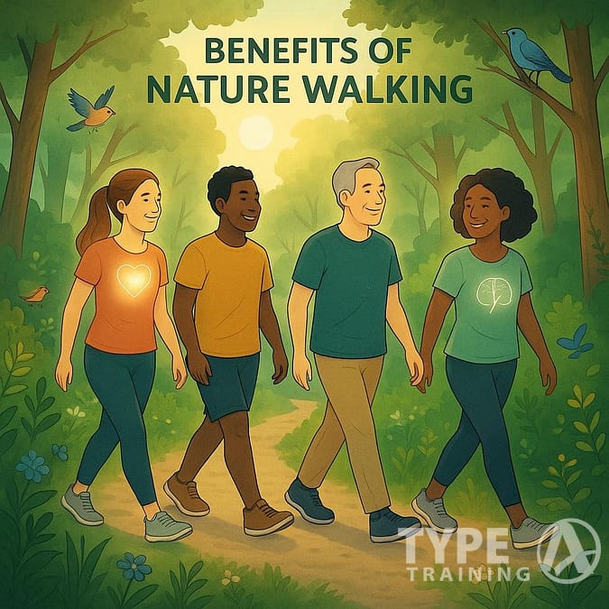 a group of people walking in a forest
