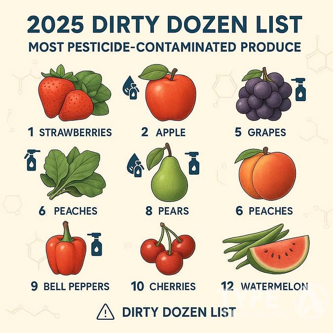 Dirty Dozen 2026 list showing 12 fruits and vegetables with highest pesticide residues