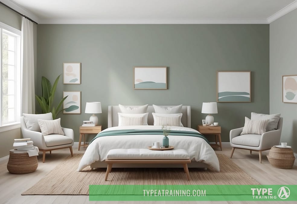 a bedroom with a bed and chairs
