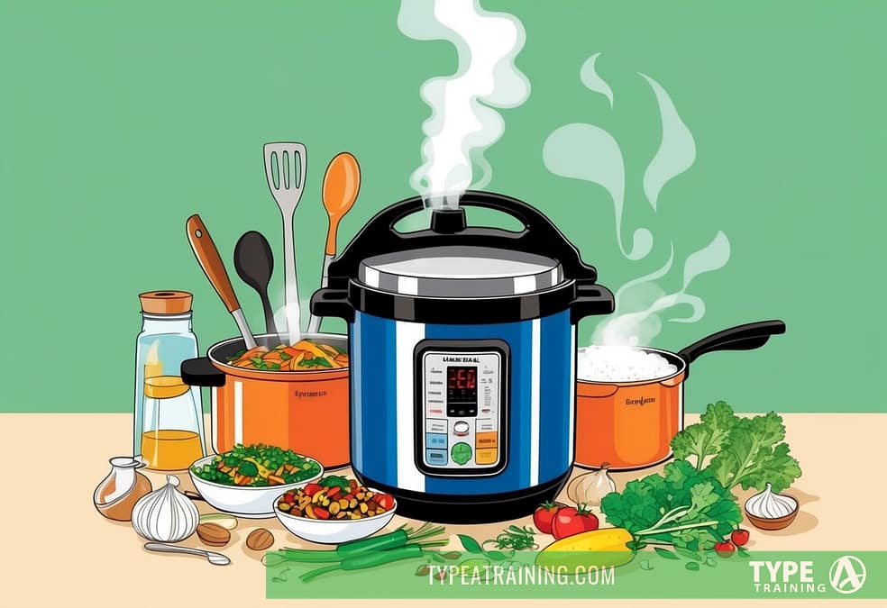a pressure cooker with various food items on a table