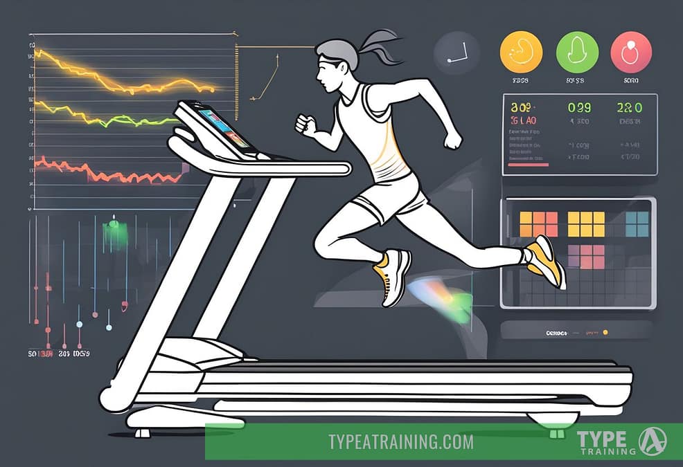A person wearing a heart rate monitor while running on a treadmill, with a digital display showing their heart rate and various exercise statistics