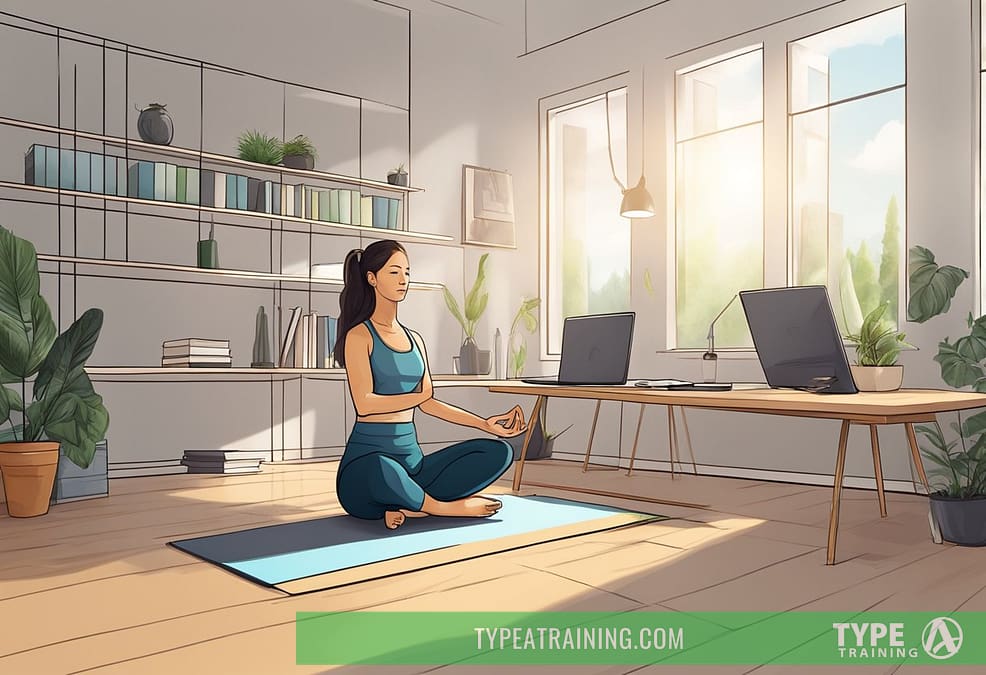 a woman sitting on a mat in front of a computer, sun rising as she does Morning Yoga Stretches