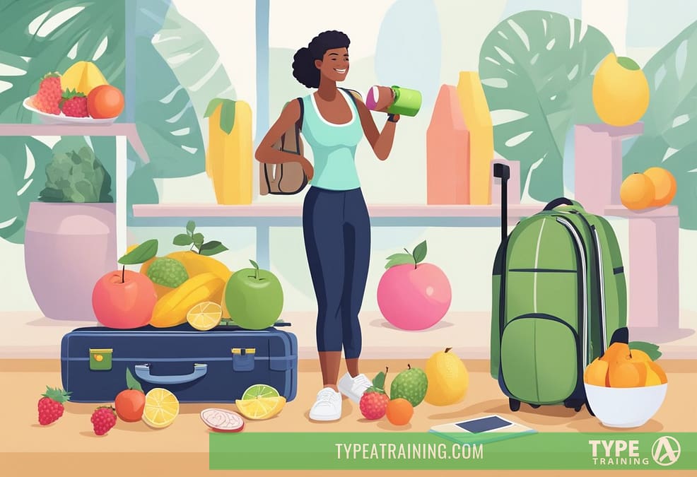 a woman standing next to luggage and fruit