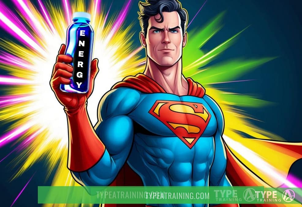 a man in a superhero garment holding a bottle of energy