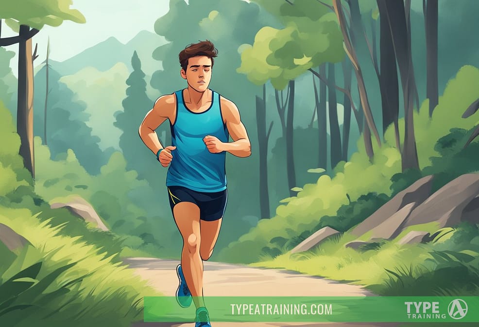 a man running on a trail in the woods