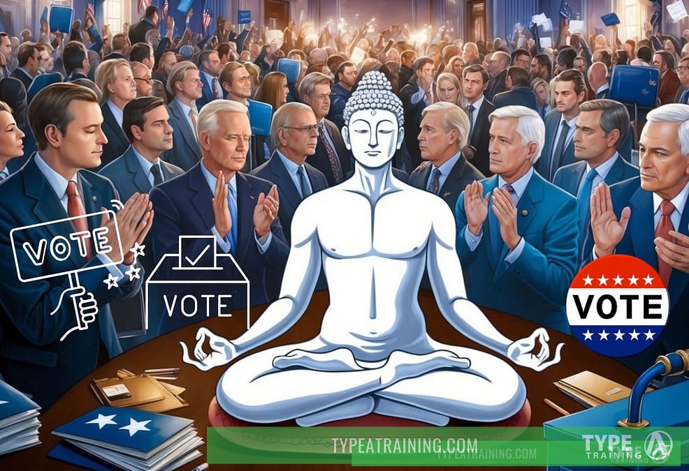 a group of people in a room with a statue of a man