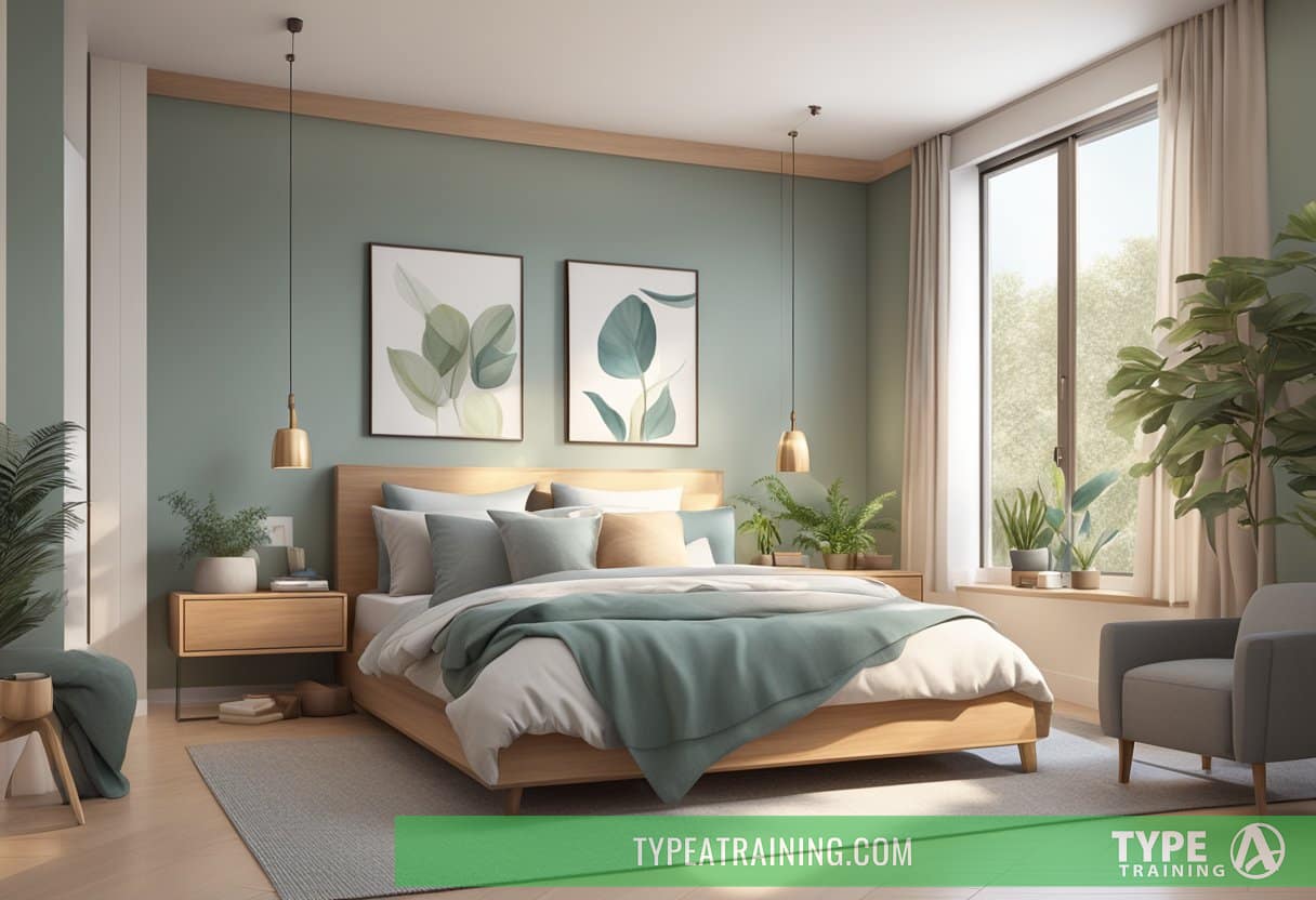 A tranquil bedroom with a balanced layout, soft lighting, and calming colors. A comfortable bed with supportive bedding and natural materials