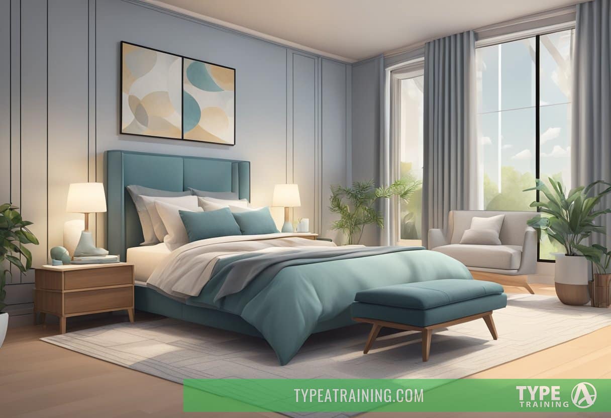 A peaceful bedroom with balanced furniture placement and soft, calming colors to promote restful sleep