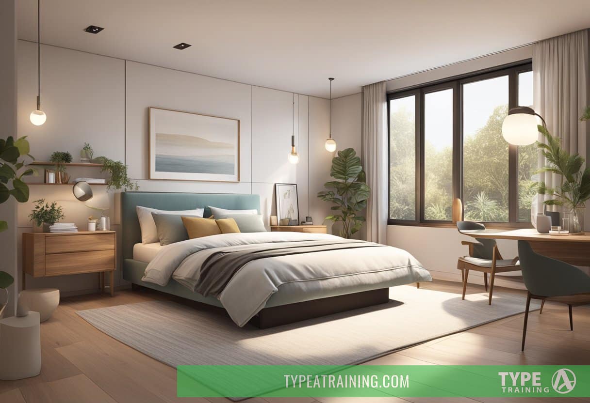 A serene bedroom with a balanced layout, soft lighting, and calming colors. A comfortable bed is positioned for optimal rest, with minimal clutter and natural elements for a peaceful atmosphere