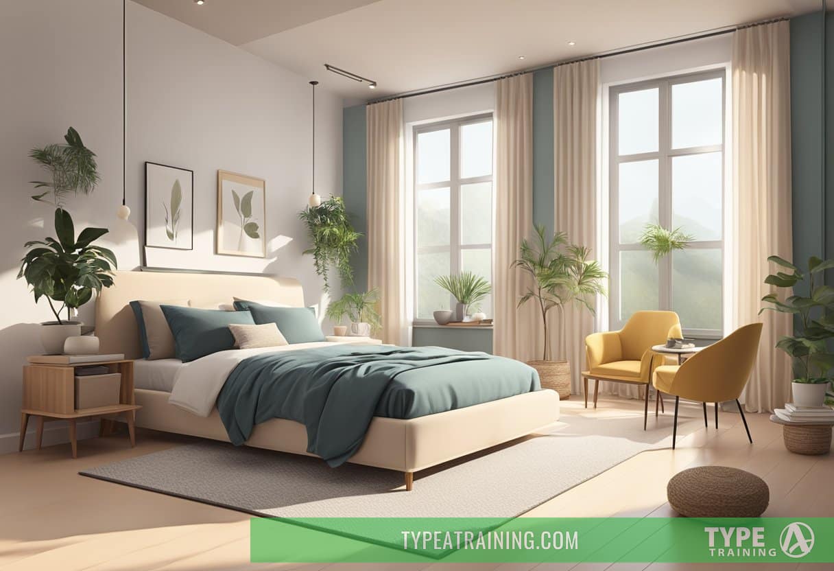 A serene bedroom with minimal furniture, soft lighting, and calming colors. A tidy, uncluttered space with balanced decor and natural elements for a peaceful atmosphere