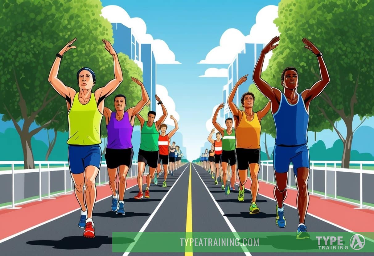 a group of people running on a road