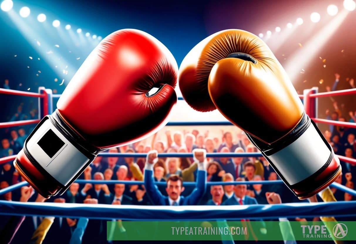 Two boxing gloves collide in the center of the ring, surrounded by a roaring crowd