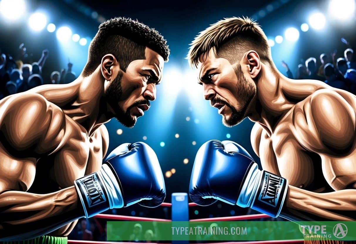 Two intense fighters face off in the ring, surrounded by a buzzing crowd and bright lights. The tension is palpable as they prepare for battle