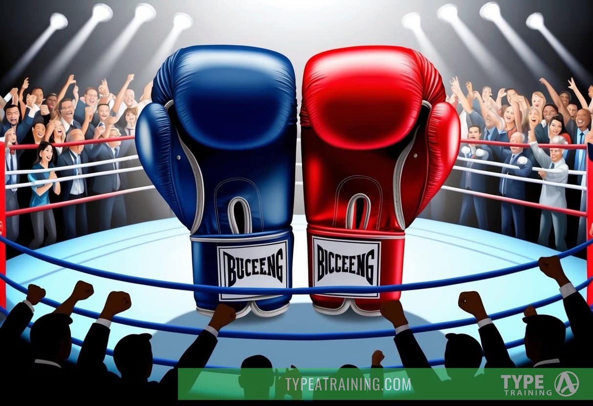 Two boxing gloves in the center of the ring, surrounded by a crowd of cheering fans