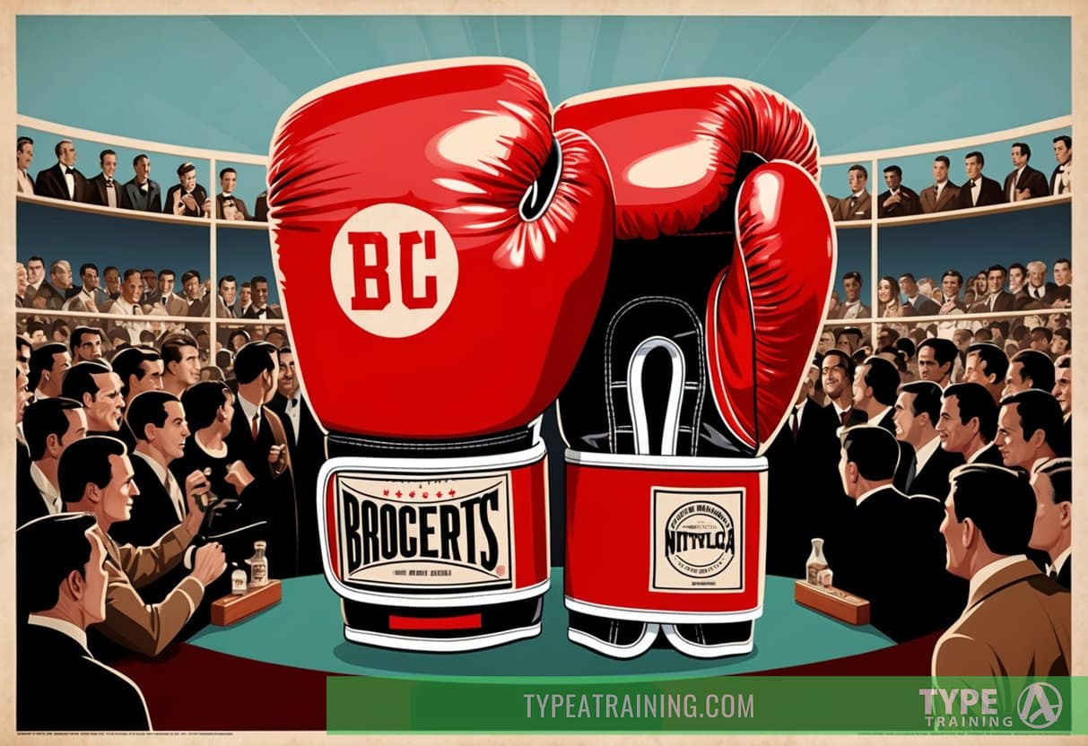Two boxing gloves on a vintage poster, surrounded by a crowd