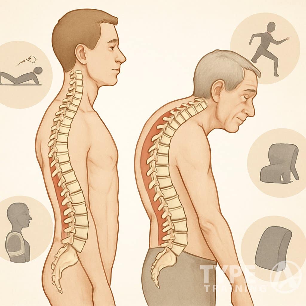 Side-by-side illustration of a healthy straight spine and a curved spine with visual elements representing treatment options like exercises and posture support.