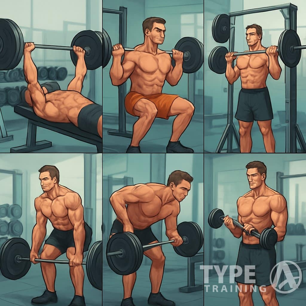 Six panels showing a muscular man performing different weightlifting exercises in a gym, each targeting various muscle groups.
