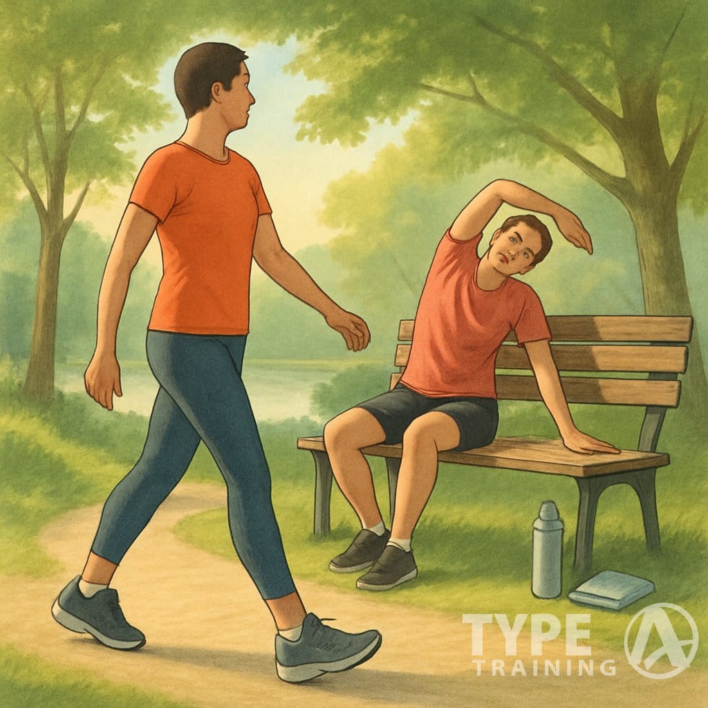 A person walking on a nature path while another person rests and stretches on a nearby bench in a peaceful park setting.