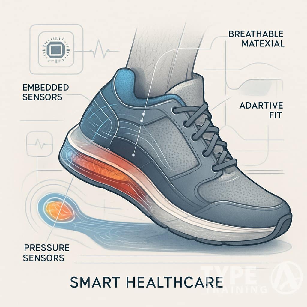 A detailed illustration of a modern walking shoe with visible internal components and sensors, highlighting smart features that support walking and healthcare.