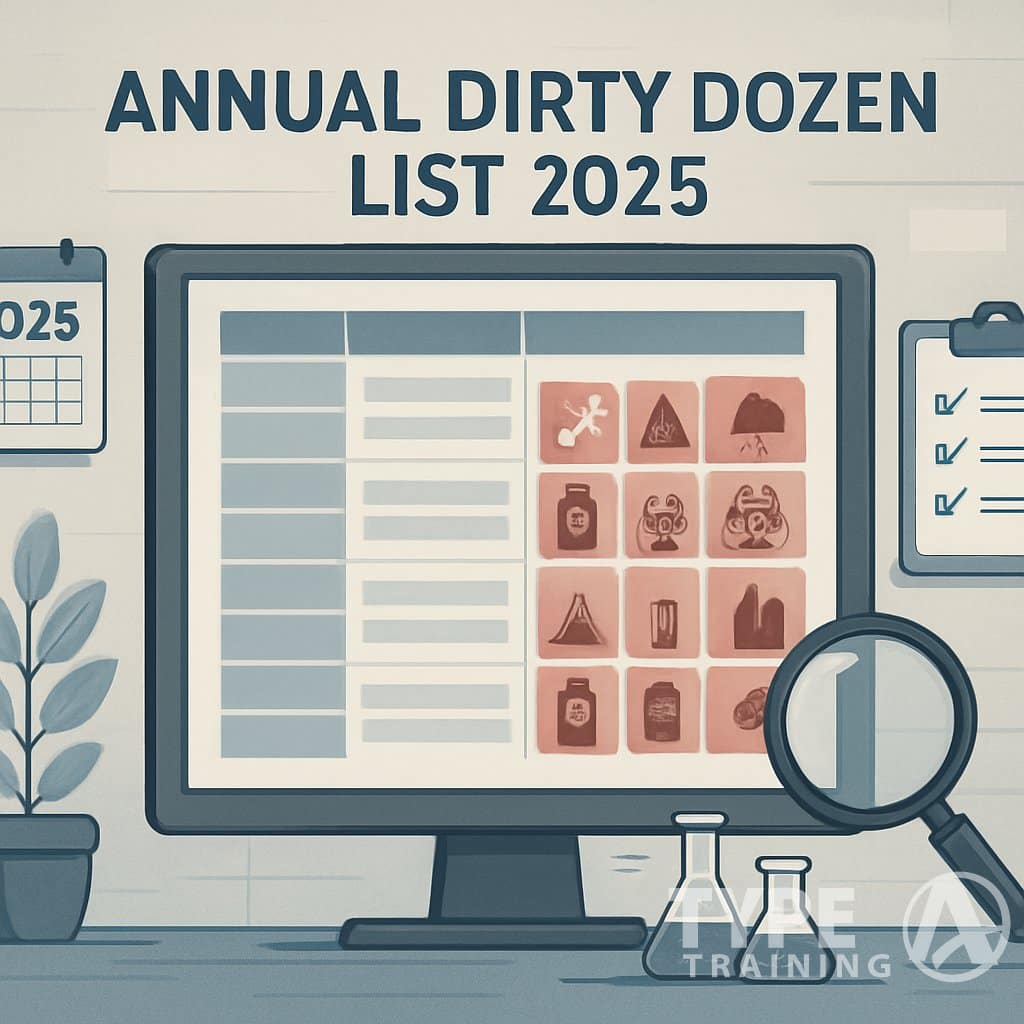 An office scene with a large digital screen showing twelve highlighted sections representing a list, surrounded by scientific tools and a calendar displaying 2025.