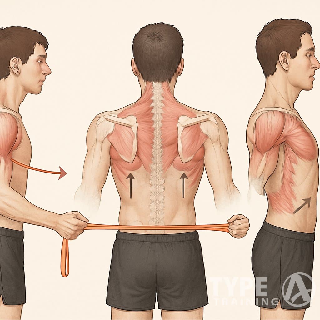 Human figure demonstrating exercises to correct rounded shoulders with proper posture and shoulder alignment from side and back views.
