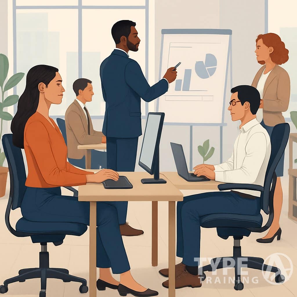 A group of professionals working in an office, all maintaining good posture while sitting and standing.