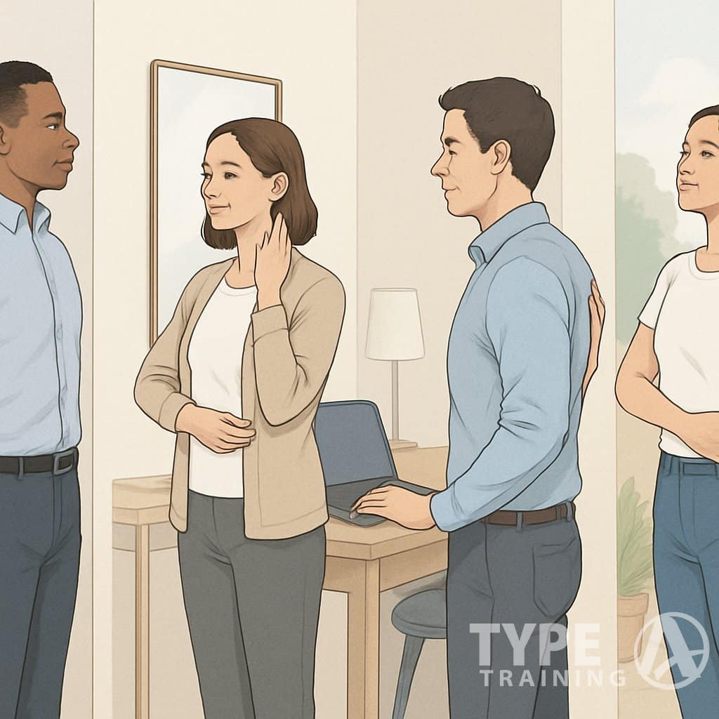 People in different everyday settings performing simple posture self-assessment exercises.