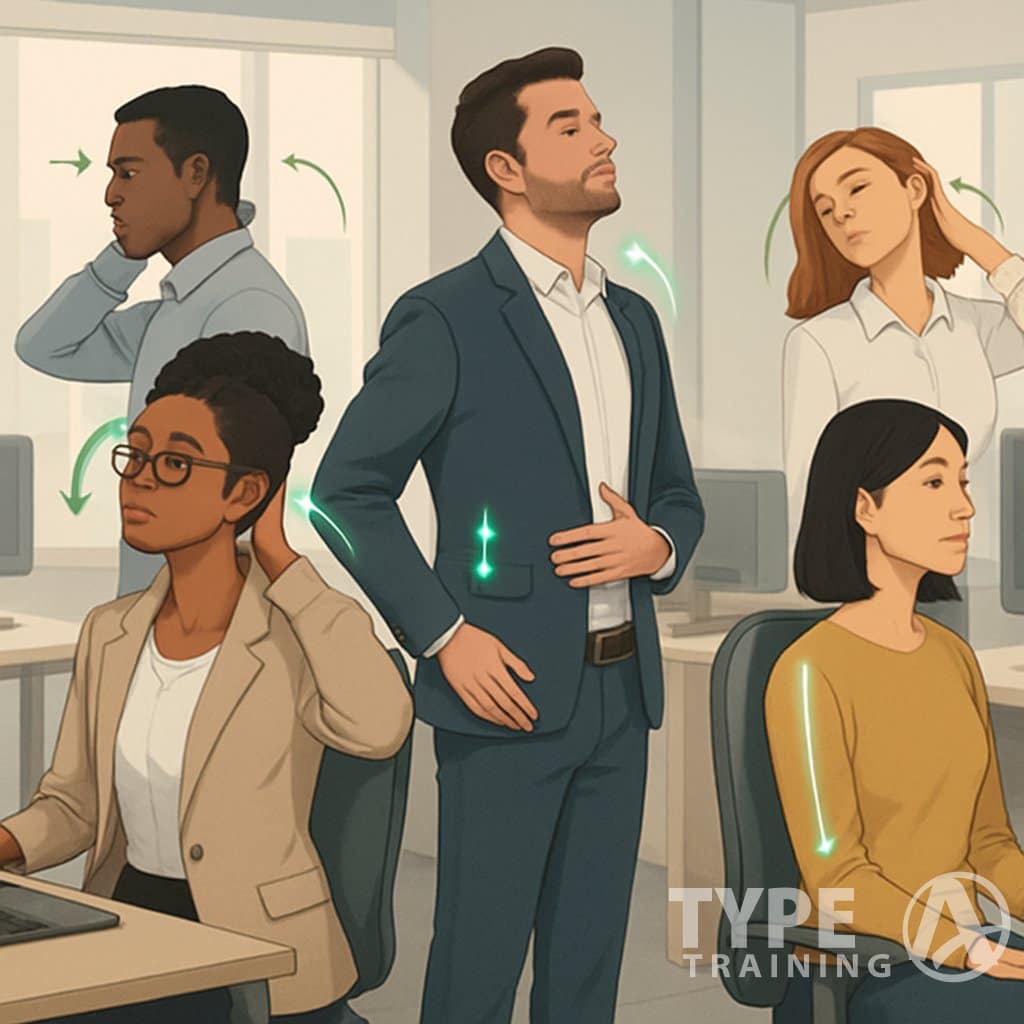 A group of professionals in an office performing quick posture self-assessment exercises, standing and sitting while checking their alignment and stretching.
