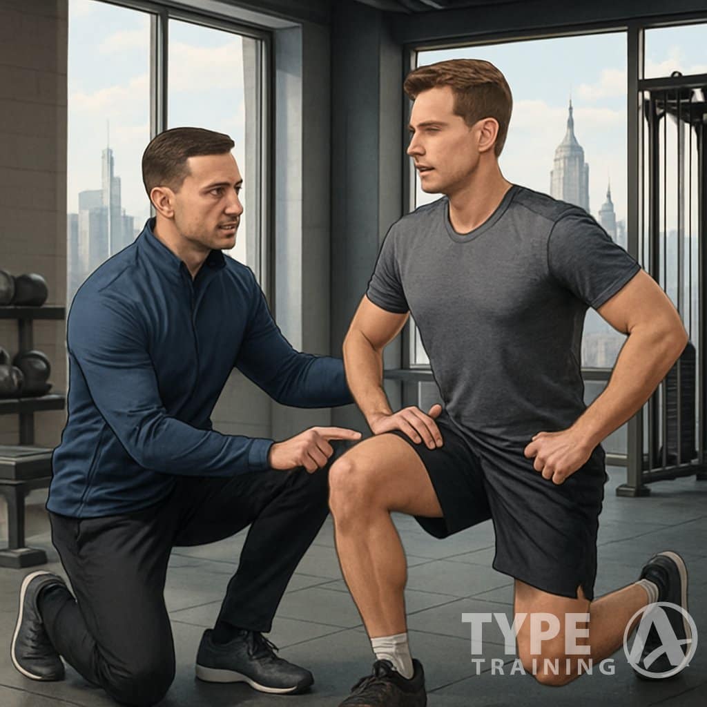 A specialist assessing a client performing a movement exercise in a gym with a view of Manhattan.