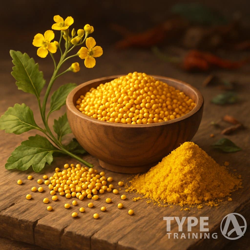 A wooden bowl filled with yellow mustard seeds spilling onto a wooden surface, surrounded by mustard plant leaves and flowers.