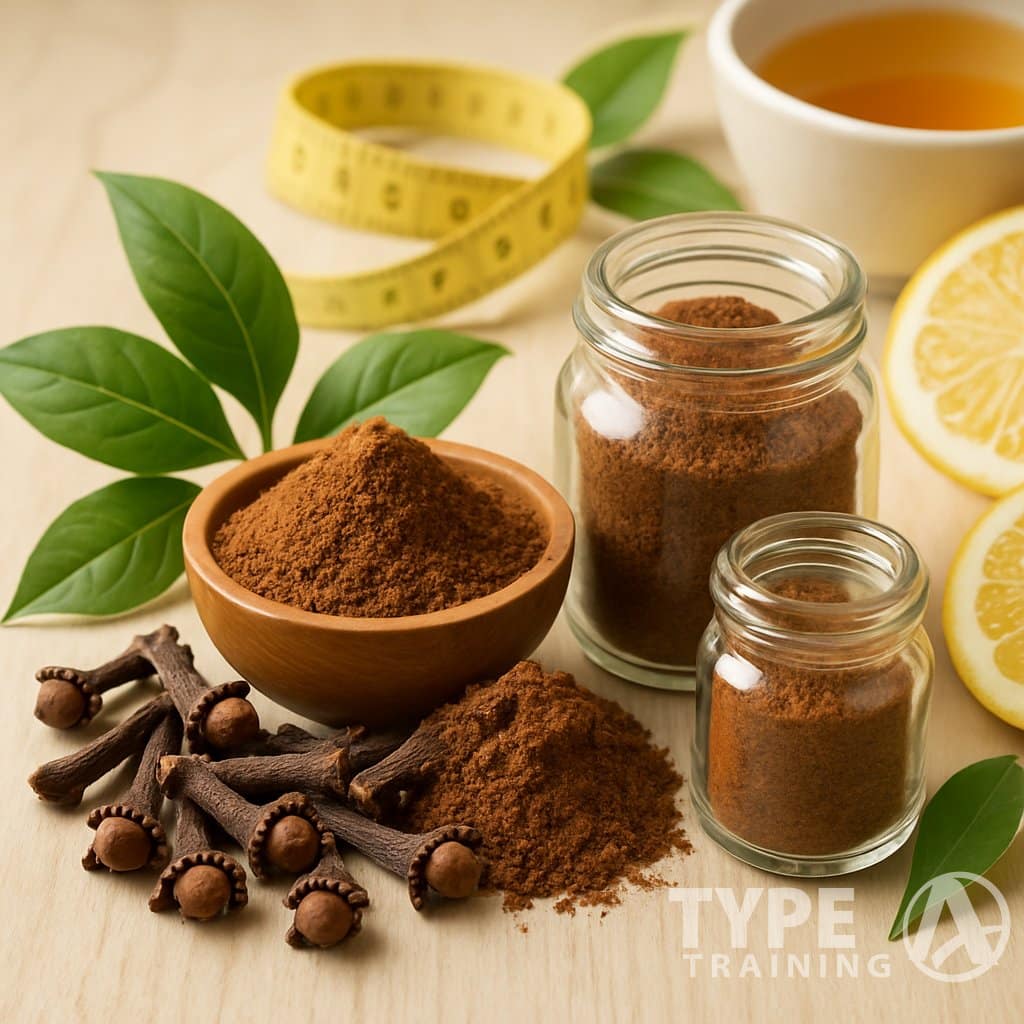 Close-up of whole cloves and clove powder arranged with green leaves, a glass jar, measuring tape, and citrus fruits on a wooden surface.