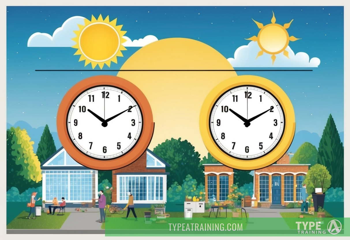 A clock showing two different times, one with daylight and one without. The sun rising and setting at different times. Various activities happening at unusual hours