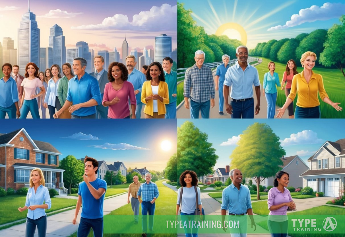 A diverse group of people in various settings, such as a bustling city, a quiet rural area, and a suburban neighborhood, each reacting differently to the changing daylight