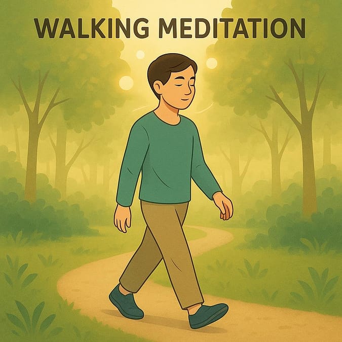 a cartoon of a man walking on a path in the woods