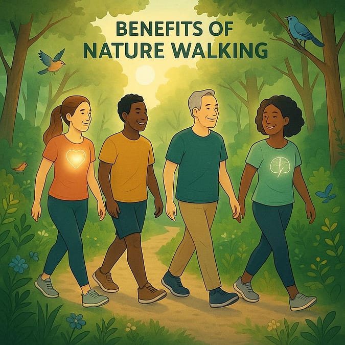 a group of people walking in a forest
